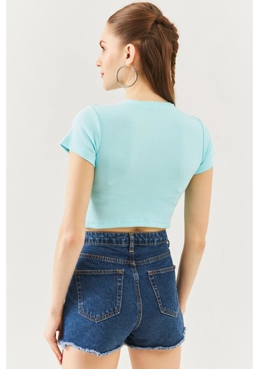 Kadın Kısa Kol Bisiklet Yaka Vücuda Oturan %100 Pamuklu Kaşkorse Esnek Crop Bluz Aqua