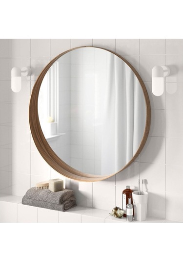 Stockholm Ayna, Ceviz Kaplama Yuvarlak Ayna Modern Şekilli Ceviz