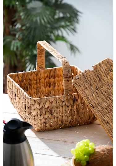 Acar Wicker Kapaklı Hasır Piknik Sepeti - 32 Cm Kahverengi