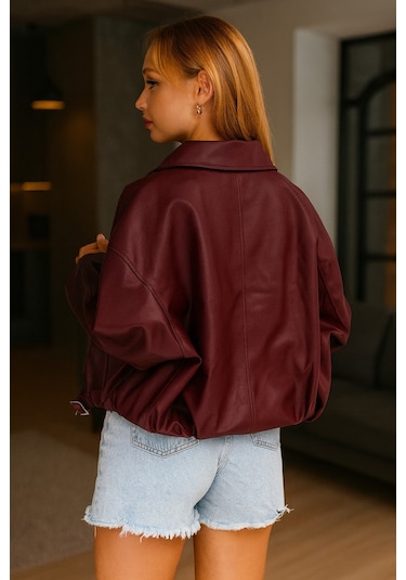 Prifaldi Oversize Bomber Deri Ceket Bordo