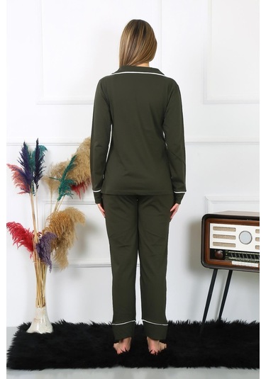 Akbeniz Kadın Pamuk Penye Önden Düğmeli Uzun Kol Haki Pijama Takım 2782-haki Haki