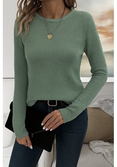 Kadın Uzun Kollu Bisiklet Yaka Triko Kazak Yeşil