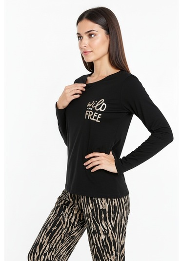 Üstü Yazılı Altı Kahverengi Zebra Desenli Elite Viscose Uzun Pijama Takımı Siyah 3553 Metalik