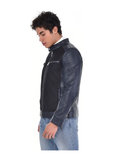 Hakiki Deri Siyah Erkek Deri Mont Önden Kumaş Detaylı Üst Ve Yandan Fermuarlı Deri Ceket Siyah