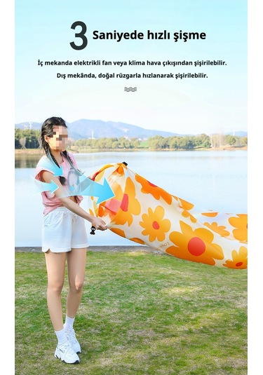 Snapbuy Baş Destekli Tek Kişilik Hava Yatağı Desenli Şişme Koltuk - Kamp ve Açık Hava Etkinlikleri İçin Taşınabilir - Turuncu - Beyaz