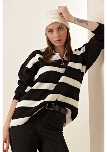 Gabria Fermuarlı Çizgili Kazak Siyah