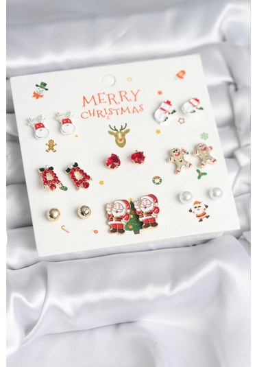 Yılbaşı Temalı Karışık Model Küpe Seti - 8 Çift Renkli