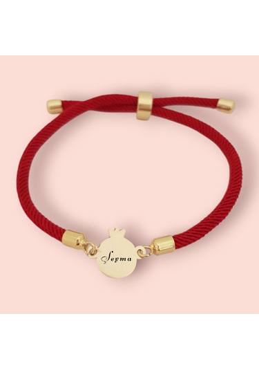 Şeyma İsmine Özel Nar Motifli İpek Örgülü 14 Ayar Altın Plakalı Hediye Bileklik-323isim-kırmızı Altın