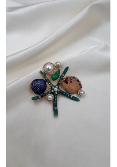 Bb Deniz Yıldızı İnci Taneli Broş Altın -  Mavi