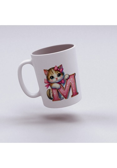 M Harfli Bardak, Sevimli Kedili Pembe Tasarım Bardak, Arkadaşa Aileye Hediye Porselen Beyaz