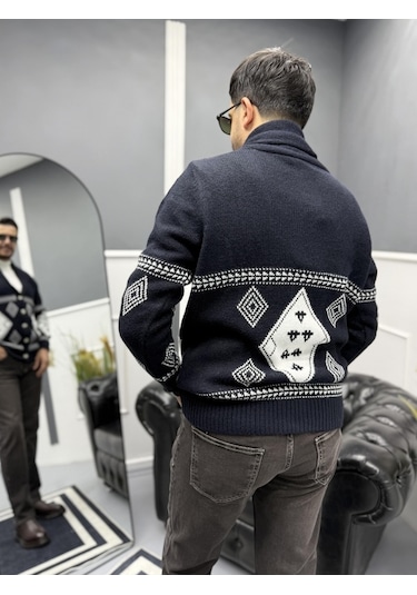 Avni Ceylan Retro Desenli Şal Yaka Erkek Triko Hırka Siyah