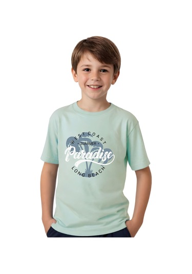 Unisexs Çocuk Düz Kısa Kollu T-shirt Mintyeşil