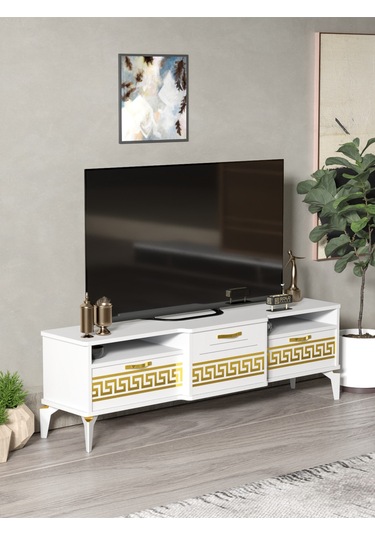 Tv Sehpası Tv Ünitesi Vera Atlantik Çam Antrasit Gold Çizgili 5050 Çok Renkli