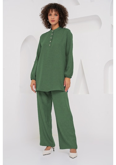 Bigdart 6678 Keten Tunik Pantolon İkili Takım - Zümrüt Yeşili