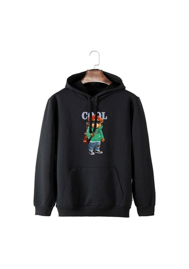Unisex Siyah Kapüşonlu Cool Ayıcık Baskılı Slim Fit Kanguru Cepli Sweatshirt Siyah
