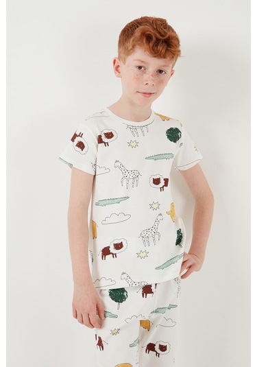 Lela Desenli % 100 Pamuk Bisiklet Yaka Erkek Çocuk Pijama Takımı 6651001 Ekru-Hardal
