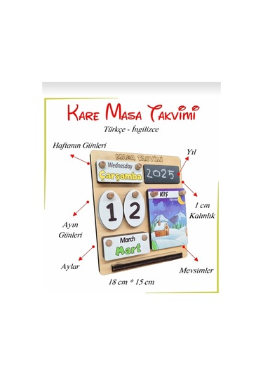 Çocuklar İçin Masa Takvimi - Kare Masa Takvimi Türkçe-ingilizce