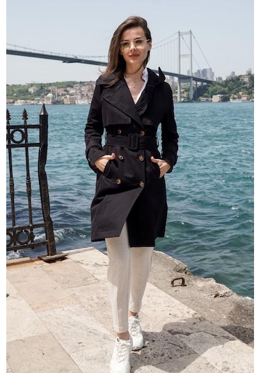 Pastelastore %100 Pamuk Gabardin Midi 95cm Astarlı Kemerli Kadın Trençkot 1113 Siyah