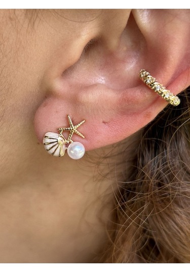 Bymerve Bym531 Çift Midye Model Mini İncili ve Taşlı Kadın Çelik Küpe Gold