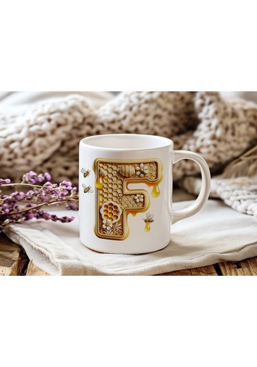 F Harfi Bal Arısı Tasarım Kupa Bardak - Bal Ve Petek Desenli Kişiye Özel Kahve Kupası - Hediyelik Beyaz