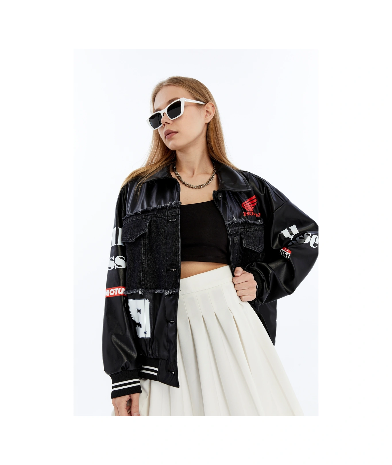 Kadın Oversize Deri Ve Kot Birleşimi Baskılı Kolej Mont Ribanalı Bomber Ceket Motorcu Yarışçı Mont Siyah