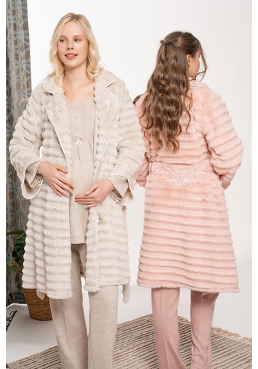 Bone 6106 Peluş Sabahlıklı 3'lü Hamile Lohusa Pijama Takımı