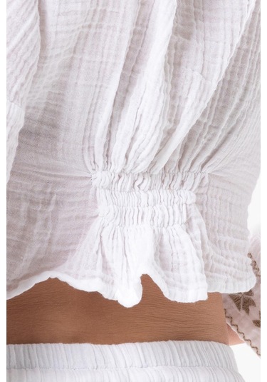 Uzun Kol Günışığı Büzgü Detaylı Yazlık Müslin Bluz Beyaz Byz-beyaz Beyaz