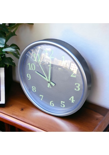Fosforlu Gece Parlayan Gümüş Salon Mutfak Ofis Duvar Saati 28 Cm Gümüş