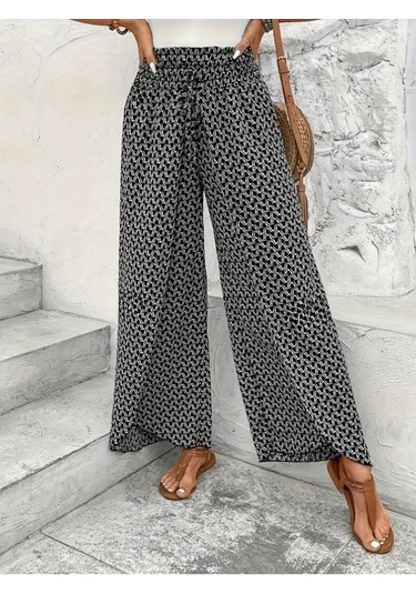 Leyla Sanat Sanata Yeni Bir Bakış Açısı Kadın Yüksek Bel Lastikli Önden Iki Parçalı Desenli Bürümcük Pantolon Siyah