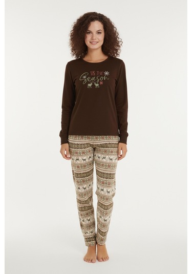 Luxury Thermal Season Geyik Desenli Kadın Polar Kışlık Pijama Takımı 42059 Kahverengi