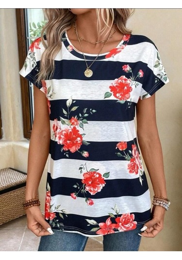 Kadın Çiçek Desenli Yatay Şeritli Bisiklet Yaka Tişört S