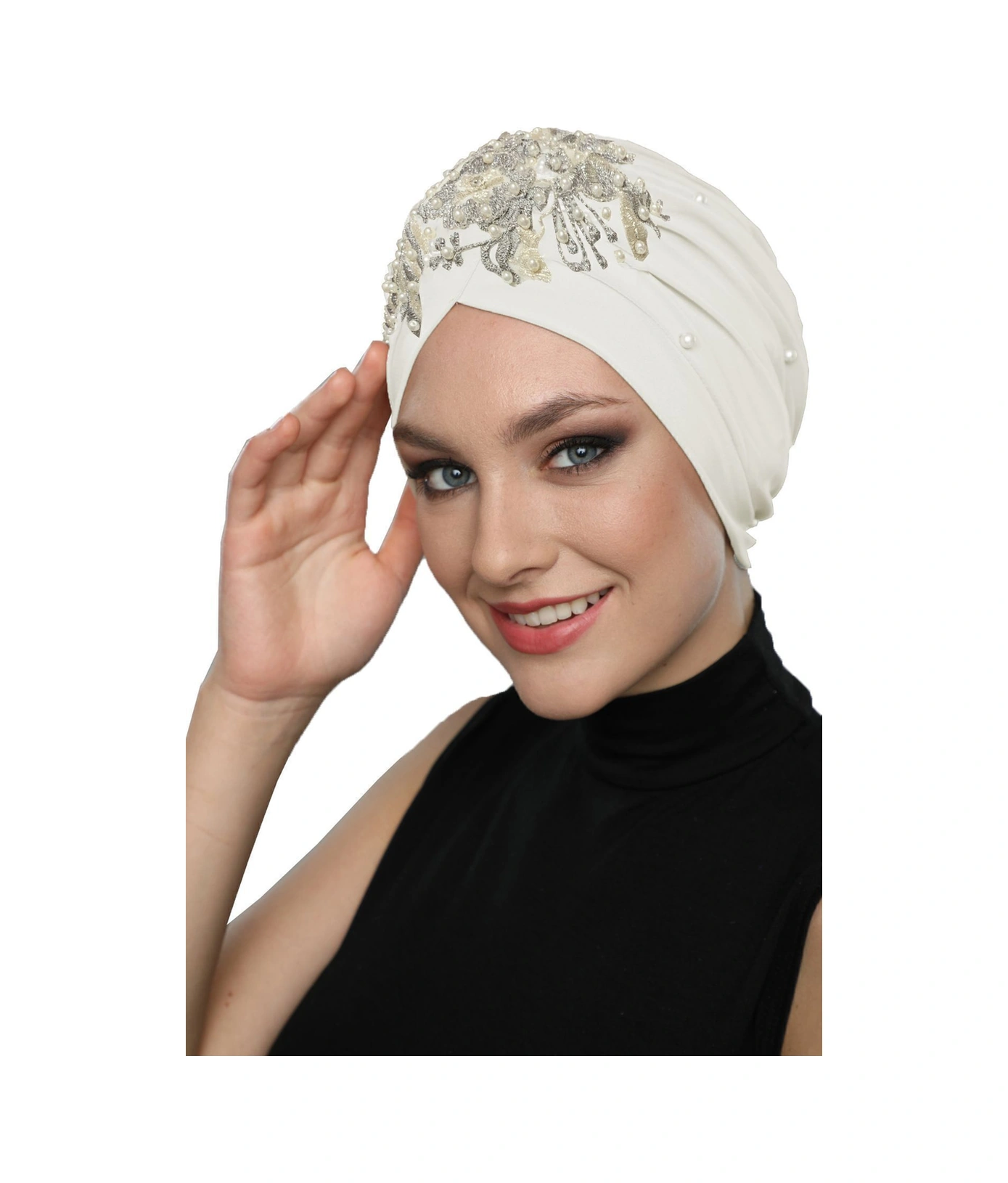 Kopma Astarlı İşlemeli Krem Gri Dantel Motifli Hazır Türban Tesettür Abiye Bone Krem-gri