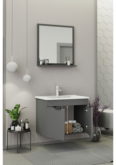 Biani Fix Arya 75 Cm Banyo Dolabı,Seramik Lavabolu, Aynalı,Lavabo Dahil,Mdf,Mat Gri Biani Fix Arya 75 Cm Banyo Dolabı,Seramik Lavabolu, Aynalı,Lavabo Dahil,Mdf,Mat Gri