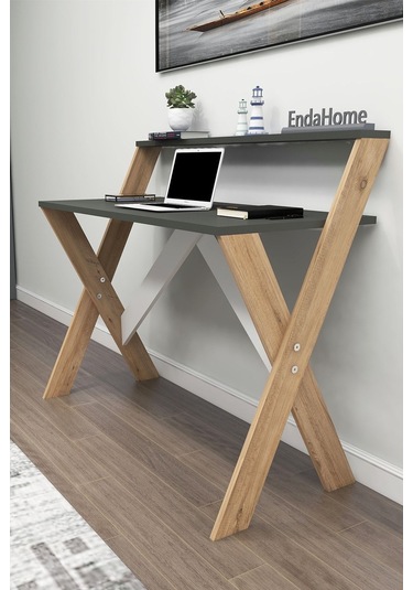 Enda Home X Ayaklı Raflı Ders Çalışma Masası 50x90 Cm Antrasit - Çam Atlantik Çam - Antrasit