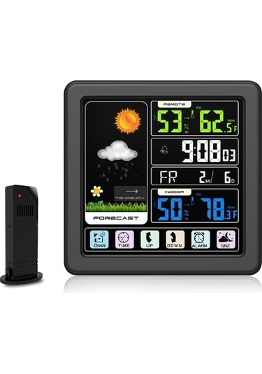 Rogfer Ts-3310 Kablosuz Hava Saati Çok Fonksiyonlu Renkli Ekran Saat Yaratıcı Ev Dokunmatik Ekran Termometresi Siyah