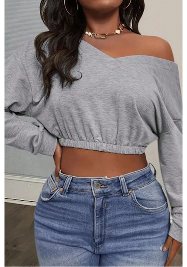 Tarz Cool Kadın Omuz Dekolteli Lastikli Crop Sweatshirt %100 Pamuk Gri