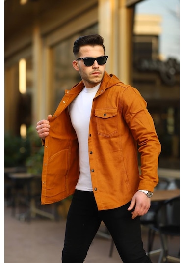 Hardal Renk Kapüşonlu Kot Ceket Hardal