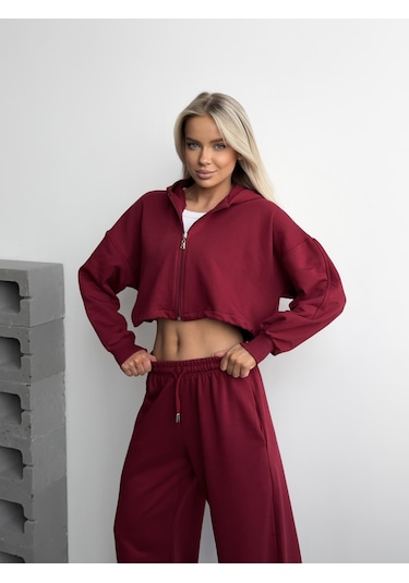 Shappy Fermuarlı Eşofman Takım - Bordo Bordo
