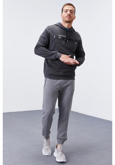 Tommy Life Antrasit Melanj Kanguru Cep Standart Kalıp Kapüşonlu Erkek Sweatshirt - 87883 Antrasit Melanj