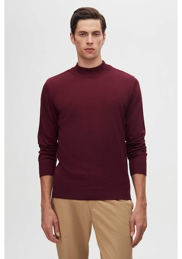 D's Damat Regular Fit Bordo Pamuk Karışımlı Yarım Balıkçı Triko Kazak Bordo