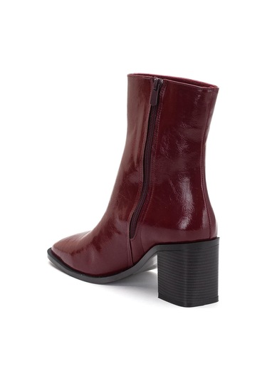 Bordo Kadın Kalın Topuklu Bot Rugan Küt Burun Yüzüdüz-4255 Bordo