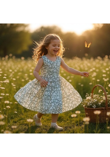 Çiçekli Kız Çocuk Elbise St09118 Yeşil