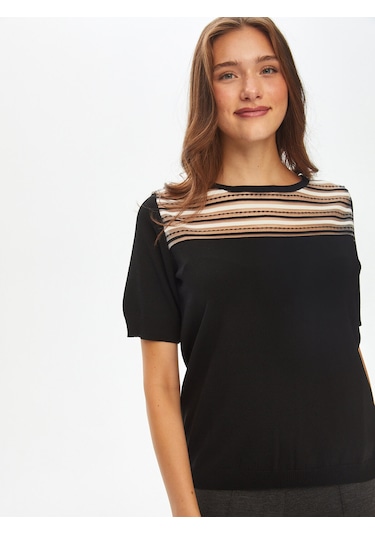 Transparan Detaylı Kısa Kollu Triko Bluz 69640 U6964010 Siyah