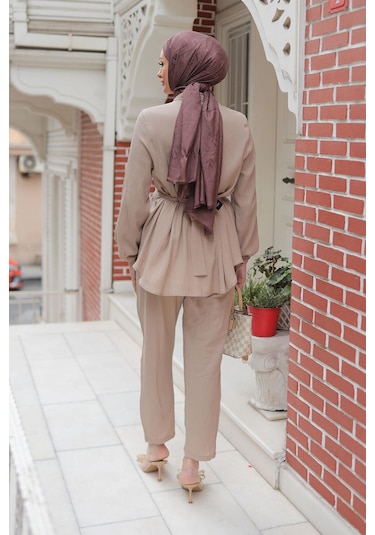 Taş Düğme Detaylı Takım Vizon Vizon