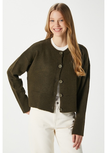 Kadın Keep Yan Yırtmaçlı Yumuşak Dokulu Haki Basic Triko Hırka 70145 Haki