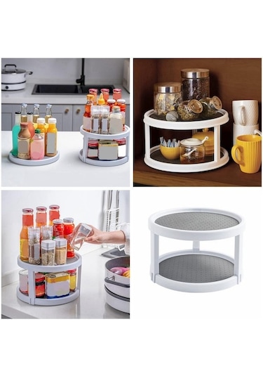 1 Adet Turntable Dönen Baharat Depolama Rafı Depolama Organizatörü Mutfak Çift Katman Gri