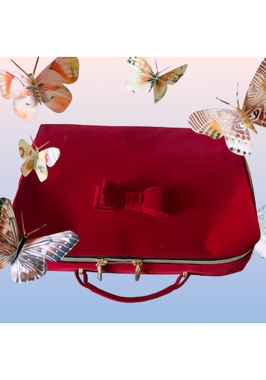 Estee Lauder Kırmızı Kadife Kozmetik Makyaj Çantası Büyük Boy Vintage Kırmızı