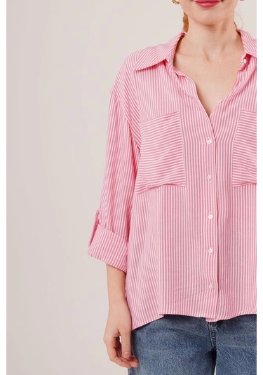 Yarasa Kol Çizgili Cep Detaylı Pembe Gömlek Pembe