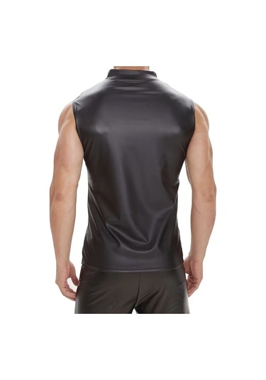 Deri Dik Yaka Sıfır Kollu Yelek Siyah