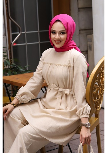 Fırfır Detaylı Tesettür Bej Takım Bej